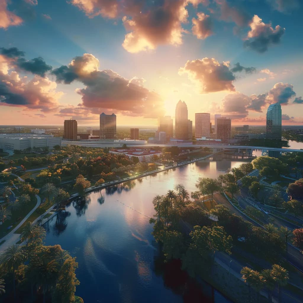 Aerial view of the Tampa, Florida skyline at sunset